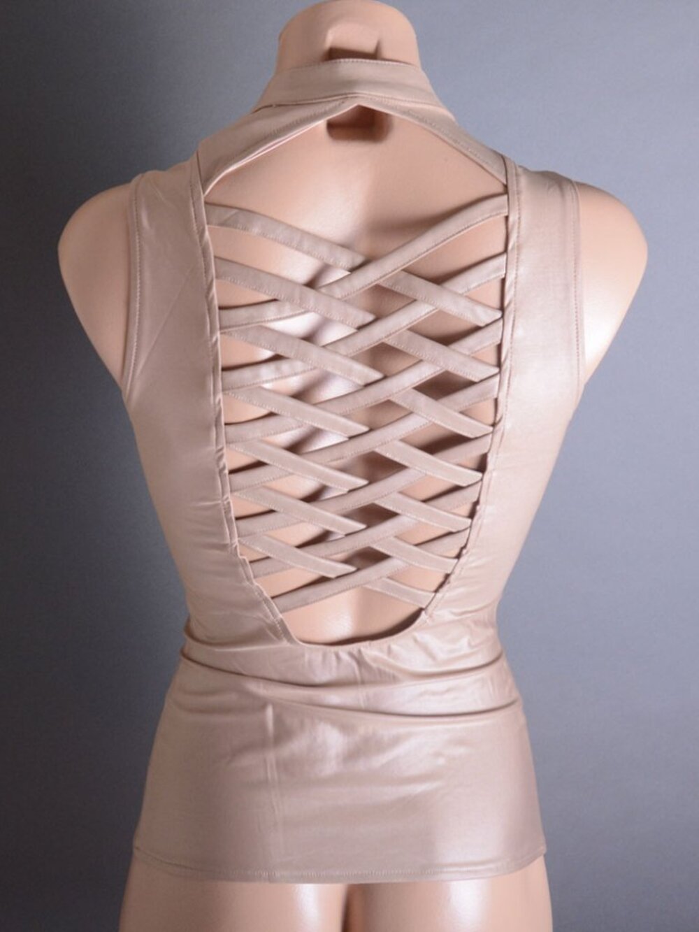 Khaki Beige Faux Leather Sleeveless Lace Up Steampunk Cross Cut Zipper Top Vest